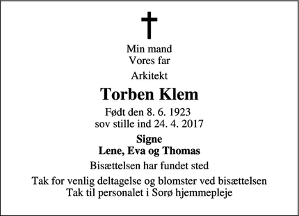Dødsannoncen for Torben Klem - Sorø