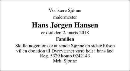 Dødsannoncen for Hans Jørgen Hansen - Sorø