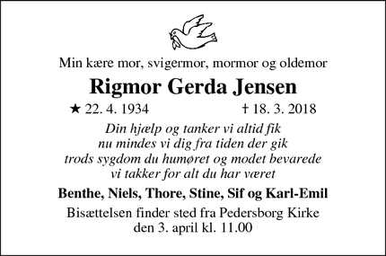 Dødsannoncen for Rigmor Gerda Jensen - København Ø