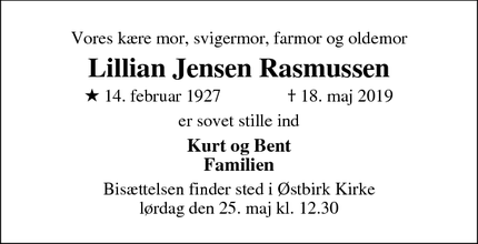 Dødsannoncen for Lillian Jensen Rasmussen - Østbirk 