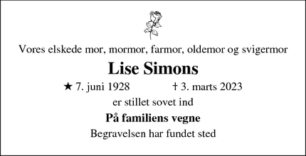 Dødsannoncen for Lise Simons - Østerbro
