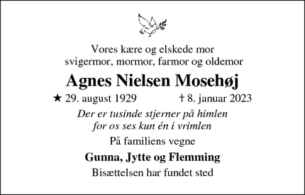 Dødsannoncen for Agnes Nielsen Mosehøj - Store Heddinge