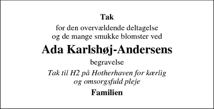 Taksigelsen for Ada Karlshøj-Andersen - Store Heddinge