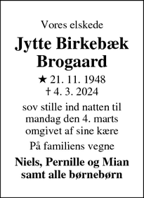Dødsannoncen for Jytte Birkebæk
Brogaard - Rødvig Stevns