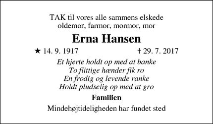 Dødsannoncen for Erna Hansen - Rødvig Stevns