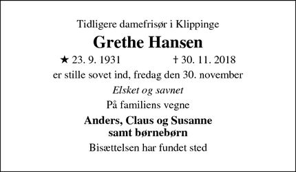 Dødsannoncen for Grethe Hansen - Store Heddinge