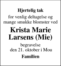 Taksigelsen for Krista Marie Larsens (Mie) - Mou