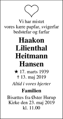 Dødsannoncen for Haakon Lilienthal
Heitmann
Hansen - Øster Hurup