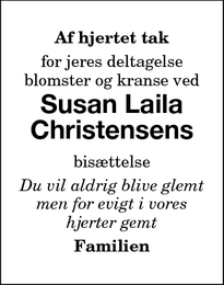 Taksigelsen for  Susan Laila
Christensens - Nykøbing Falster