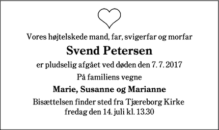 Dødsannoncen for  Svend Petersen - Tjæreborg