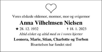 Dødsannoncen for Anna Vilhelmsen Nielsen - Vallensbæk Strand