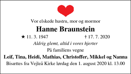 Dødsannoncen for Hanne Braunstein - Ishøj