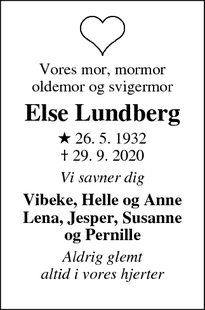Dødsannoncen for Else Lundberg - Solrød strand