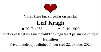 Dødsannoncen for Leif Kragh - Frederiksberg C