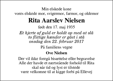 Dødsannoncen for Rita Aarslev Nielsen - Solrød Strand, Danmark