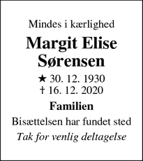 Dødsannoncen for Margit Elise Sørensen - Vallensbæk
