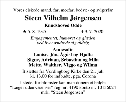 Dødsannoncen for Steen Vilhelm Jørgensen - Vordingborg 