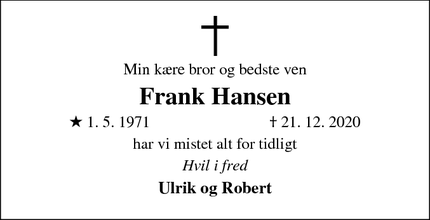 Dødsannoncen for Frank Hansen - Stensved