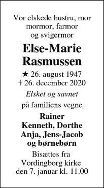 Dødsannoncen for Else-Marie Rasmussen   - Vordingborg