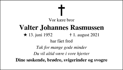 Dødsannoncen for Valter Johannes Rasmussen - ingen