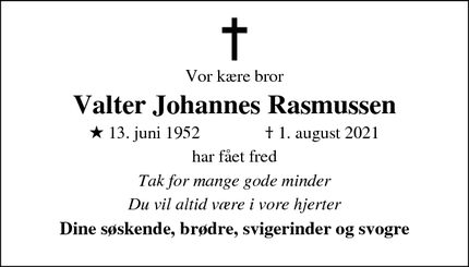 Dødsannoncen for Valter Johannes Rasmussen - ingen