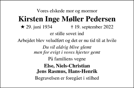 Dødsannoncen for Kirsten Inge Møller Pedersen - Stensved