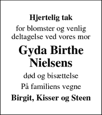 Dødsannoncen for Gyda Birthe
Nielsens - Mern 26/9-22