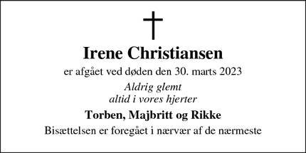 Dødsannoncen for Irene Christiansen - Vordingborg 
