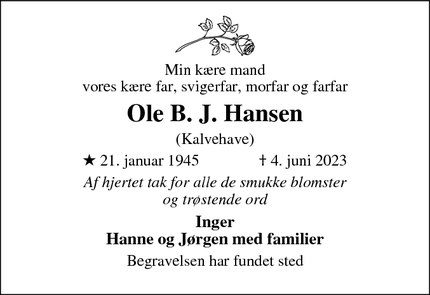 Dødsannoncen for Ole B. J. Hansen - Kalvehave