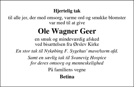 Taksigelsen for Ole Wagner Geer - Vordingborg