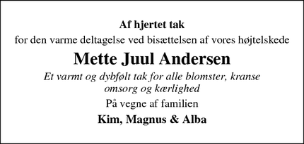 Dødsannoncen for Mette Juul Andersen - Vordingborg 