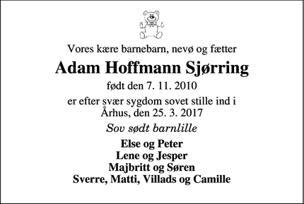 Dødsannoncen for Adam Hoffmann Sjørring - Tarm