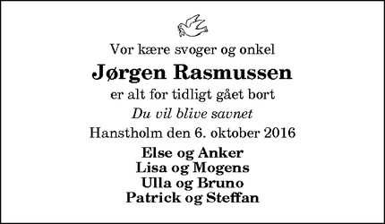 Dødsannoncen for Jørgen Rasmussen - Hanstholm