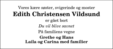 Dødsannoncen for Edith Christensen Vildsund - Vildsund
