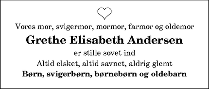 Dødsannoncen for Grethe Elisabeth Andersen - Thisted