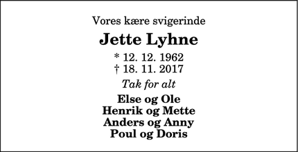 Dødsannoncen for Jette Lyhne - Hanstholm
