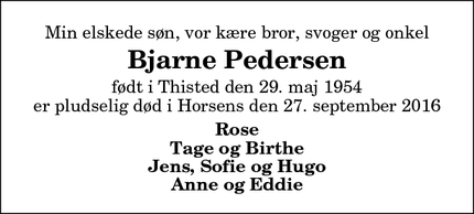 Dødsannoncen for Bjarne Pedersen - Thisted