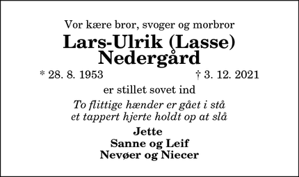 Dødsannoncen for Lars-Ulrik (Lasse) Nedergård  - Snedsted