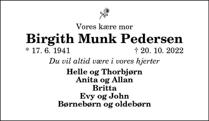 Dødsannoncen for Birgith Munk Pedersen - Vorupør
