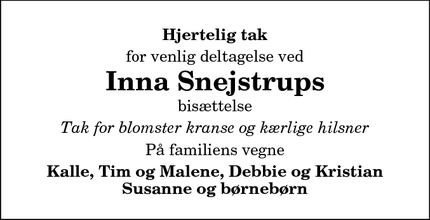 Taksigelsen for Inna Snejstrup - 7700 Thisted  Kallerup