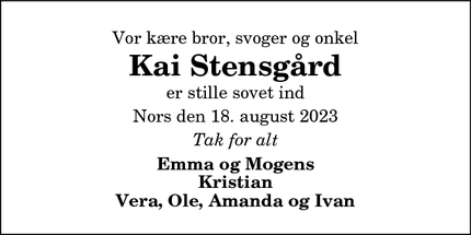 Dødsannoncen for Kai Stensgård - Bedsted