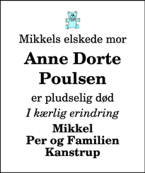 Dødsannoncen for Anne Dorte Poulsen  - Bedsted Thy, Danmark
