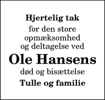 Taksigelsen for Ole Hansens - Thisted