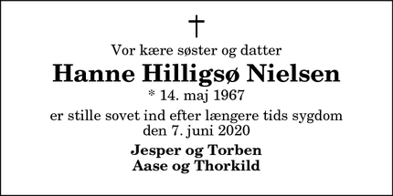 Dødsannoncen for Hanne Hilligsø Nielsen - Odby