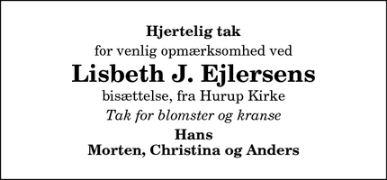 Dødsannoncen for Lisbeth J. Ejlersens - Hurup Thy