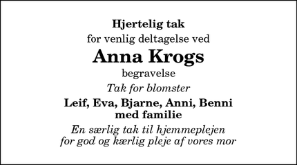 Dødsannoncen for Anna Krogs - Hurup Thy