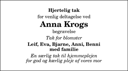 Dødsannoncen for Anna Krogs - Hurup Thy