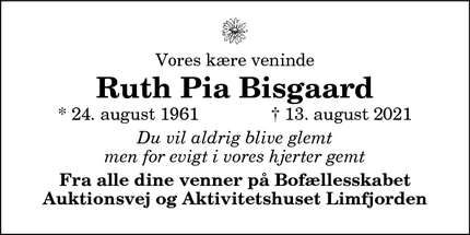 Dødsannoncen for Ruth Pia Bisgaard - 7760 Hurup