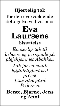 Taksigelsen for Eva
Laursen - Hurup Thy