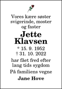 Dødsannoncen for Jette
Klavsen - Hove